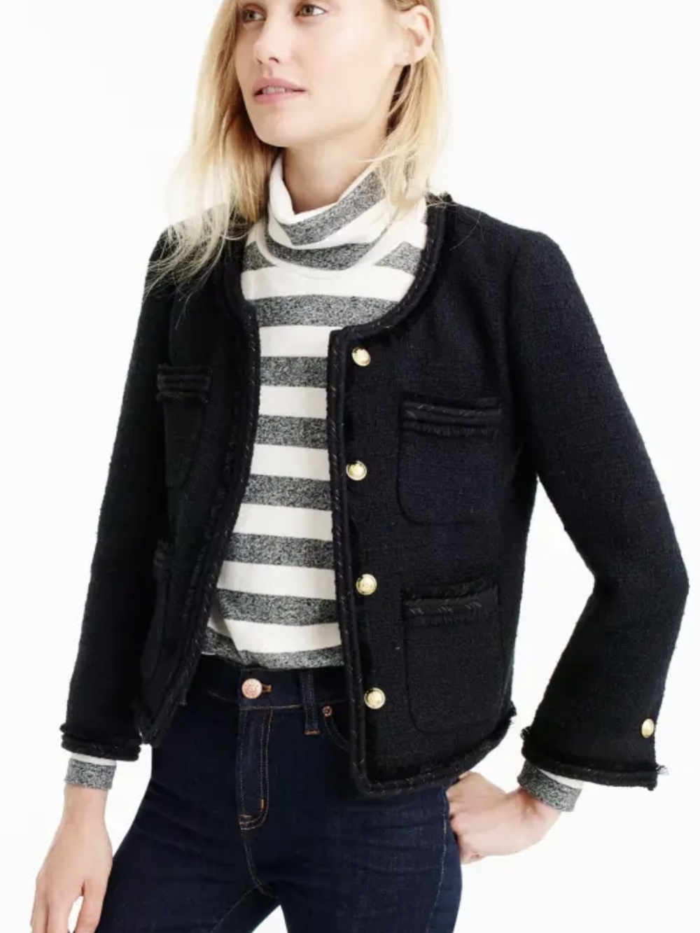 Classic Black Bouclé Jacket with Gold Buttons